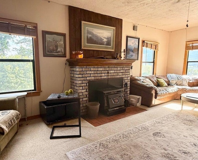 508 N Cedar St, Colville, WA 99114 - living area with carpet floors, a wood stove, and a textured ceiling