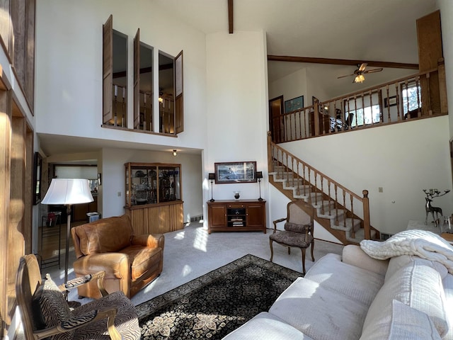 4605 W Pinto Rd, Cheney, WA 99004 - living room with a high ceiling, carpet, ceiling fan, and stairs