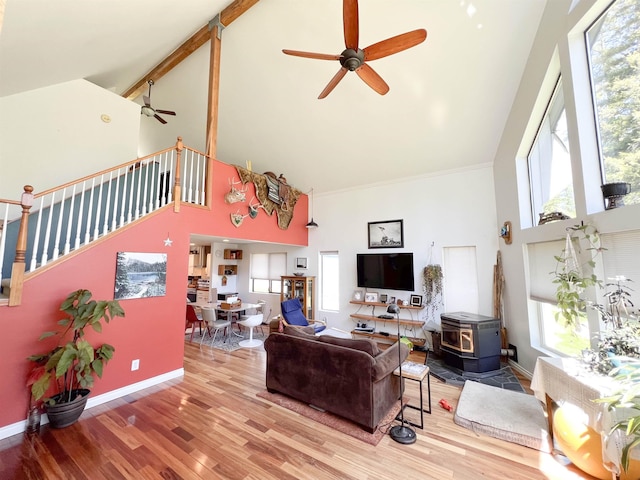 1572 E 20th Hwy, Colville, WA 99114 - living area with high vaulted ceiling, a ceiling fan, a wood stove, plenty of natural light, and wood finished floors