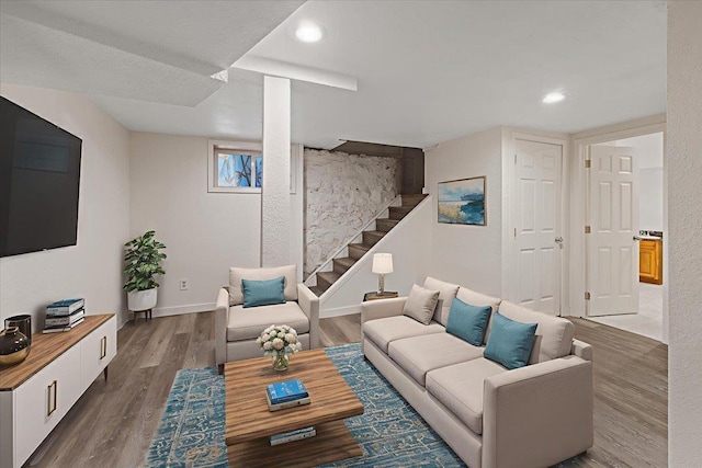 1007 W 15th Ave, Spokane, WA 99203 - living room with stairway, wood finished floors, and recessed lighting