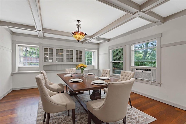 1007 W 15th Ave, Spokane, WA 99203 - dining area with coffered ceiling, beamed ceiling, cooling unit, and hardwood / wood-style flooring