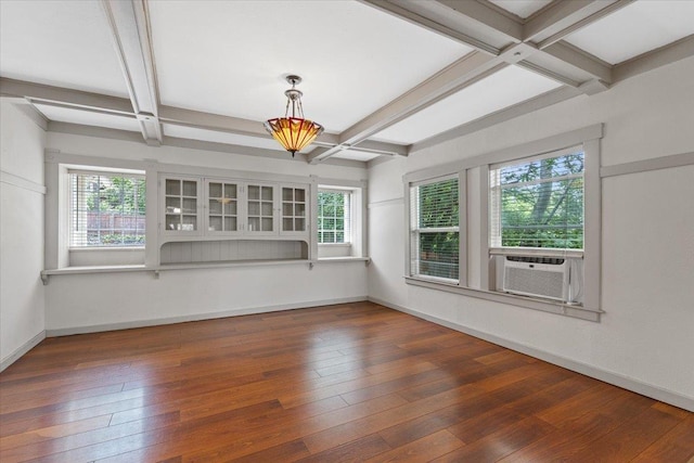 1007 W 15th Ave, Spokane, WA 99203 - unfurnished sunroom featuring coffered ceiling, beam ceiling, and cooling unit