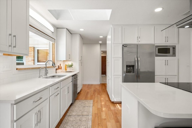 915 W 32nd Ave, Spokane, WA 99203 - kitchen featuring appliances with stainless steel finishes, light wood-style floors, white cabinets, decorative backsplash, and ventilation hood