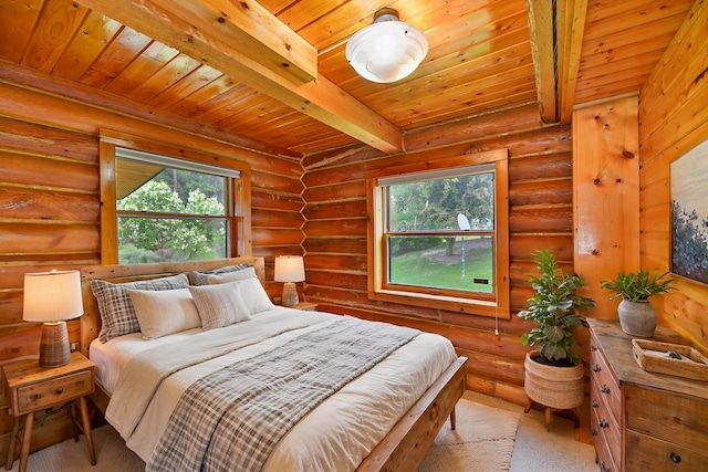 42325 N Sylvan Rd, Elk, WA 99009 - bedroom with a wood ceiling with exposed beams and log walls
