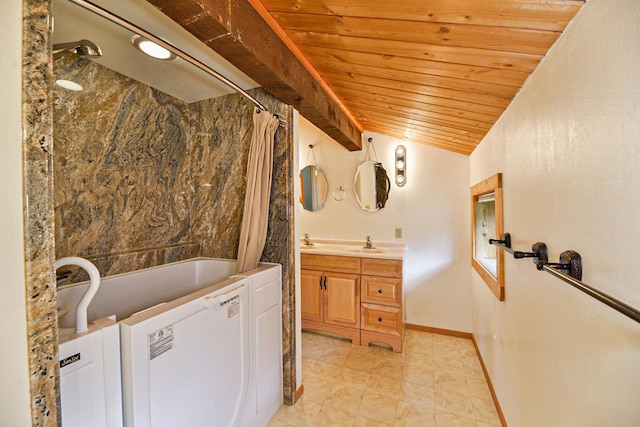 42325 N Sylvan Rd, Elk, WA 99009 - bathroom with wood ceiling, vanity, and shower / tub combo with curtain