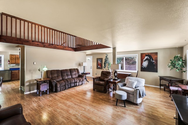 882 Diamond Creek Rd, Newport, WA 99156 - living area featuring wood finished floors, a towering ceiling, and a textured ceiling