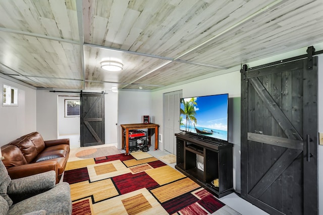 882 Diamond Creek Rd, Newport, WA 99156 - living room with a barn door, wooden ceiling, and wood finished floors