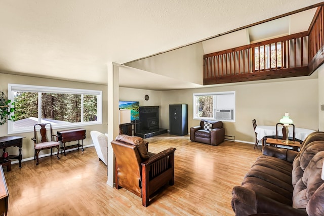 882 Diamond Creek Rd, Newport, WA 99156 - living room featuring a wood stove, light wood-style flooring, baseboard heating, cooling unit, and a high ceiling