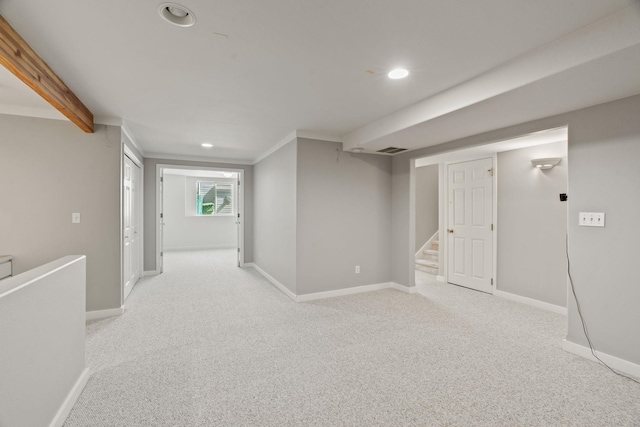 6610 S Echo Ridge St, Spokane, WA 99224 - below grade area with light carpet, recessed lighting, and stairs