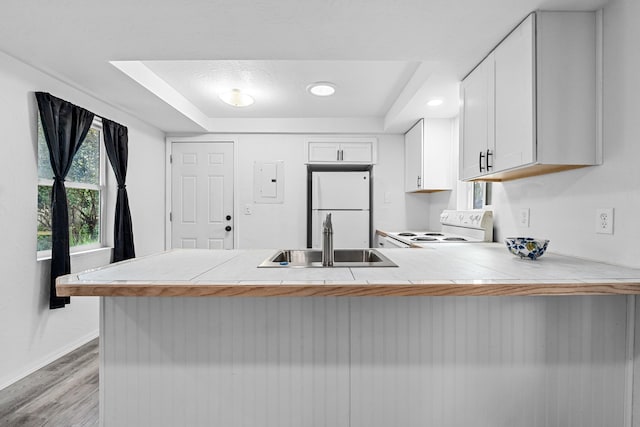 610 N 1st St, Springdale, WA 99173 - kitchen with white appliances, a peninsula, light wood-style floors, a tray ceiling, and white cabinetry