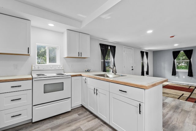 610 N 1st St, Springdale, WA 99173 - kitchen with white electric stove, a peninsula, light countertops, and recessed lighting