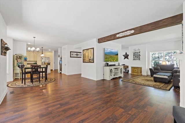 12710 E Kronquist Rd, Mead, WA 99021 - living room with a chandelier, dark wood finished floors, and beam ceiling