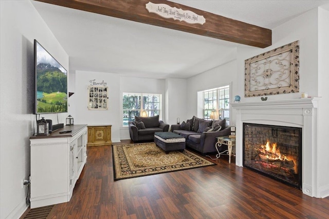 12710 E Kronquist Rd, Mead, WA 99021 - living area with a lit fireplace, dark wood-style floors, and beam ceiling