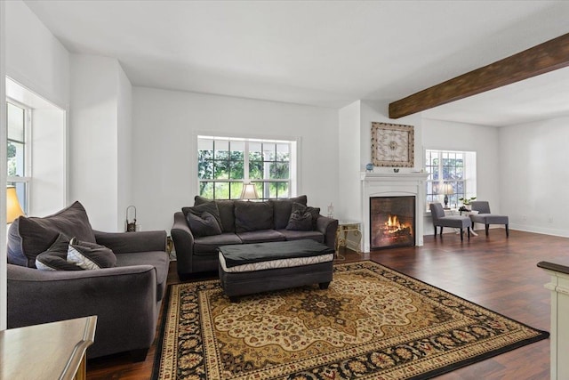 12710 E Kronquist Rd, Mead, WA 99021 - living area with healthy amount of natural light, wood finished floors, a lit fireplace, and beam ceiling