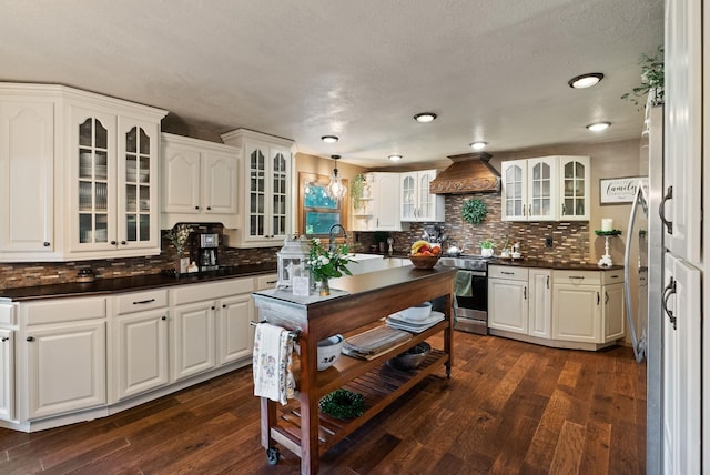 25210 E Bradshaw Rd, Fairfield, WA 99012 - kitchen with stainless steel range, custom exhaust hood, dark countertops, tasteful backsplash, and a textured ceiling