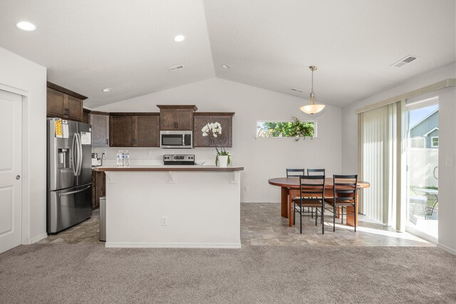 14520 E Everett Ct, Spokane Valley, WA 99216 - kitchen with appliances with stainless steel finishes, vaulted ceiling, dark brown cabinets, light countertops, and plenty of natural light