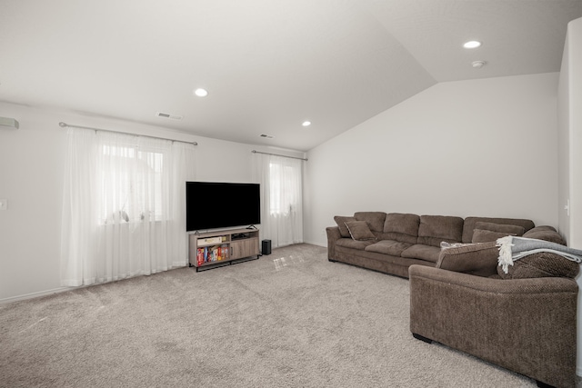 14520 E Everett Ct, Spokane Valley, WA 99216 - living room with recessed lighting, carpet floors, and lofted ceiling
