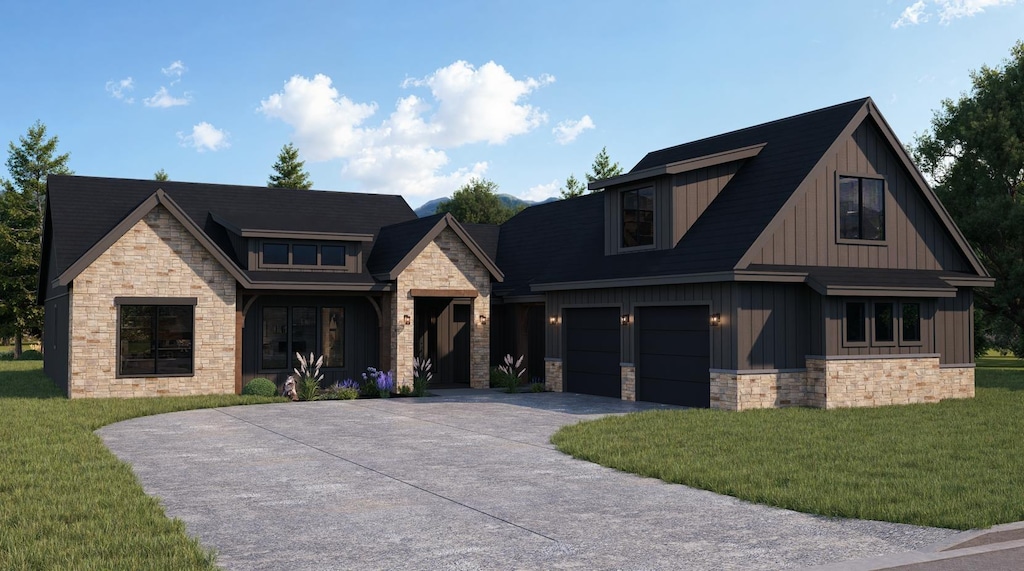 11717 E Honeycomb Springs Ln, Spokane, WA 99206 - view of front of home with stone siding, concrete driveway, board and batten siding, a front lawn, and a garage