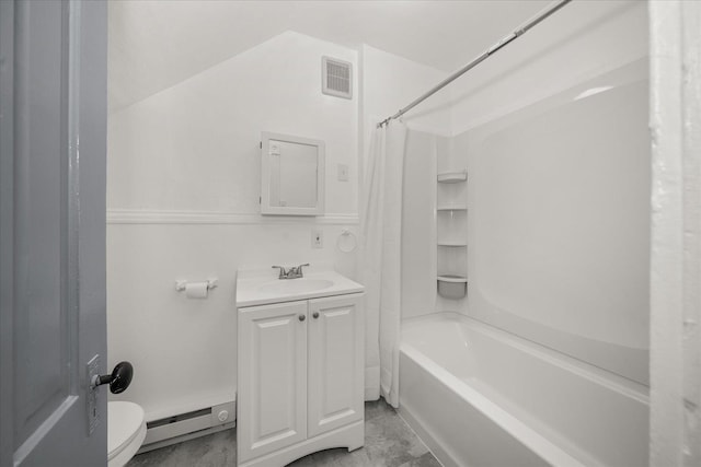 2003 W Mallon Ave, Spokane, WA 99201 - bathroom featuring baseboard heating, shower / bath combo, vanity, and marble finish flooring