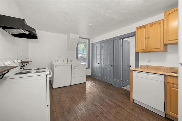 2003 W Mallon Ave, Spokane, WA 99201 - kitchen with white appliances, wall chimney range hood, washer and dryer, dark wood-style flooring, and a textured ceiling