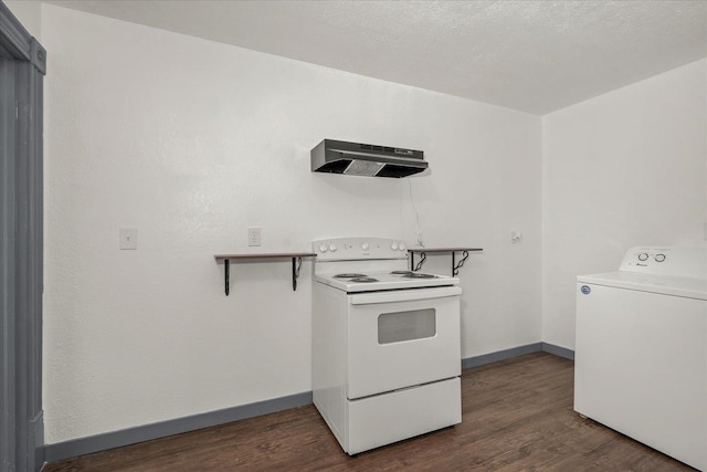 2003 W Mallon Ave, Spokane, WA 99201 - kitchen featuring washer / clothes dryer, white electric range, under cabinet range hood, and dark wood-style floors