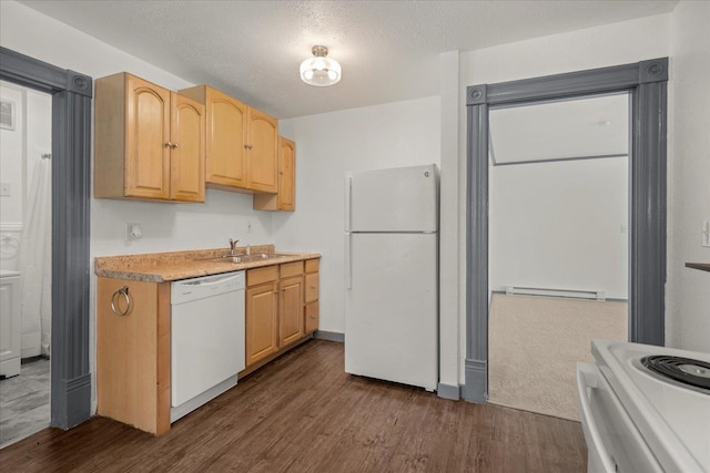 2003 W Mallon Ave, Spokane, WA 99201 - kitchen with white appliances, dark wood-type flooring, light countertops, light brown cabinets, and a baseboard radiator