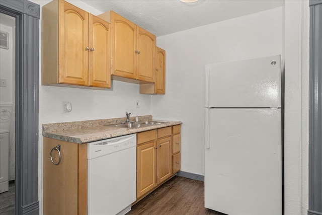 2003 W Mallon Ave, Spokane, WA 99201 - kitchen with white appliances, dark wood-style flooring, light countertops, and light brown cabinetry