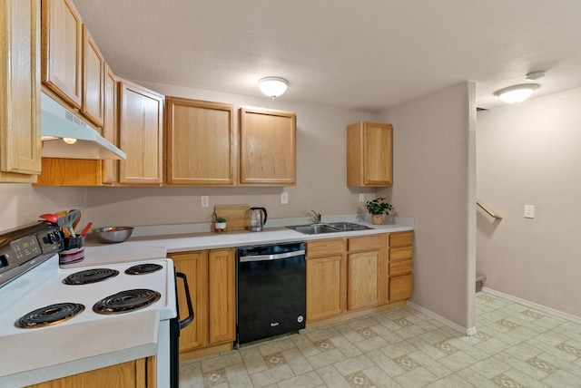 5981 Blackstone Way, Nine Mile Falls, WA 99026 - kitchen featuring black dishwasher, white range with electric stovetop, under cabinet range hood, and light countertops
