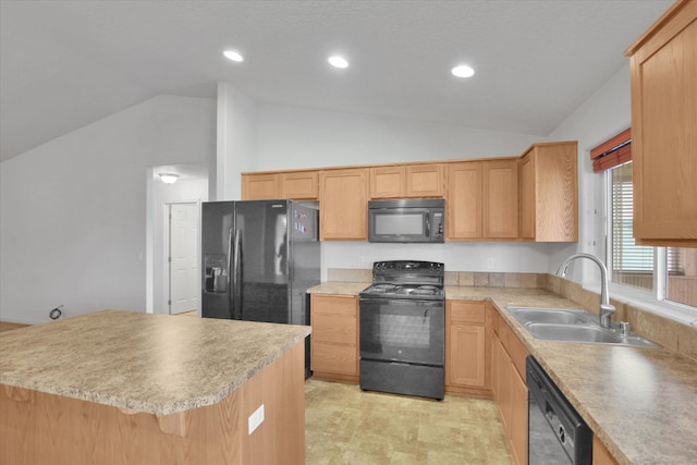 7316 S Dour St, Cheney, WA 99004 - kitchen featuring black appliances, vaulted ceiling, light countertops, recessed lighting, and light brown cabinets