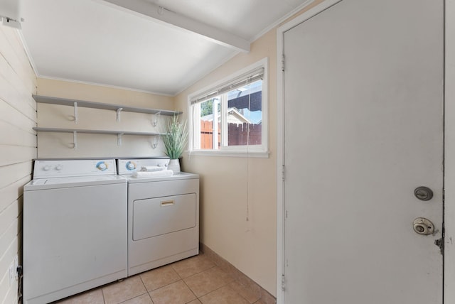 417 E Providence Ave, Spokane, WA 99207 - laundry area featuring washer and clothes dryer, light tile patterned flooring, and crown molding