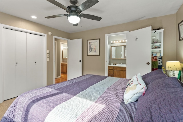 15007 W Willynwood Ln, Nine Mile Falls, WA 99026 - bedroom featuring a closet, connected bathroom, ceiling fan, and recessed lighting