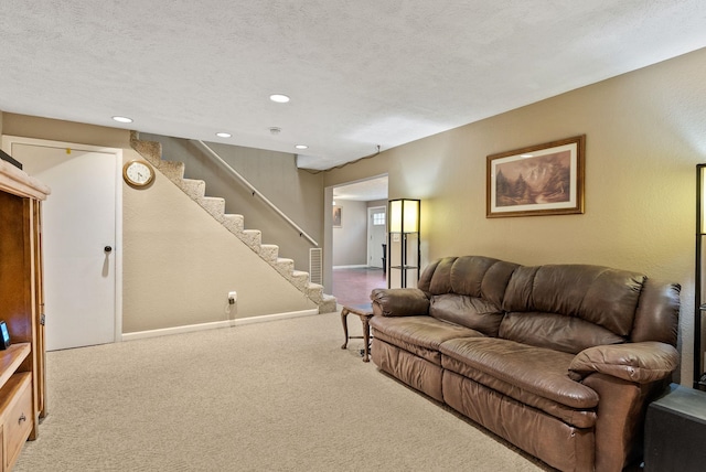 15007 W Willynwood Ln, Nine Mile Falls, WA 99026 - living room with carpet, stairway, recessed lighting, and a textured ceiling