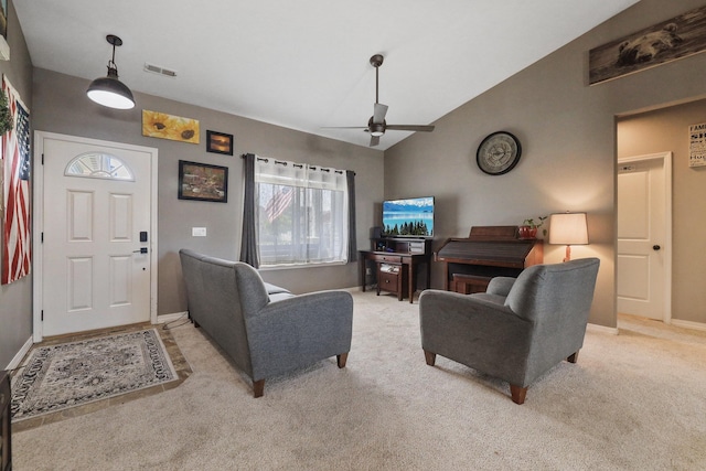 8630 W Campus Dr, Spokane, WA 99224 - living area with light colored carpet, ceiling fan, and lofted ceiling