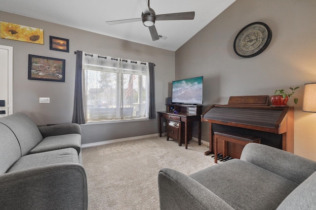 8630 W Campus Dr, Spokane, WA 99224 - living room featuring carpet, a ceiling fan, and lofted ceiling