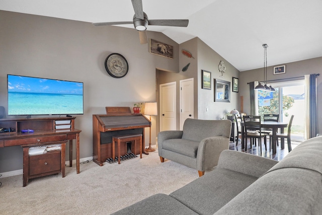 8630 W Campus Dr, Spokane, WA 99224 - carpeted living room featuring ceiling fan and high vaulted ceiling