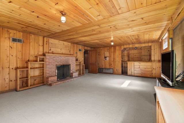 1827 S Arthur St, Spokane, WA 99203 - unfurnished living room featuring wooden walls, wood ceiling, light flooring, and a fireplace