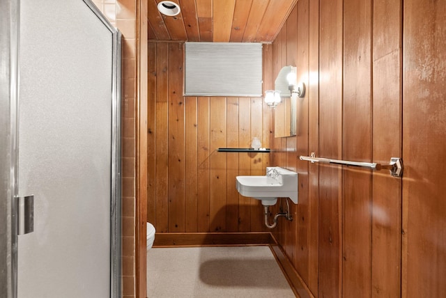 1827 S Arthur St, Spokane, WA 99203 - bathroom with wood walls, a stall shower, and wood ceiling