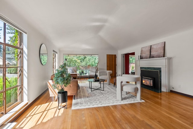 1827 S Arthur St, Spokane, WA 99203 - living room featuring plenty of natural light, a premium fireplace, wood finished floors, and vaulted ceiling