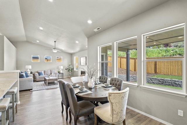 18126 E Barclay Ct Unit 3/4Snowbrush, Spokane Valley, WA 99016 - dining space featuring wood finished floors, lofted ceiling, recessed lighting, and a ceiling fan