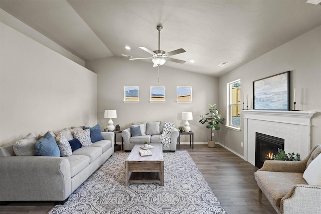 18126 E Barclay Ct Unit 3/4Snowbrush, Spokane Valley, WA 99016 - living room featuring wood finished floors, ceiling fan, vaulted ceiling, recessed lighting, and a brick fireplace