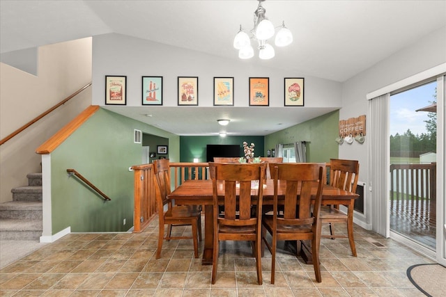4031 S Bates Rd, Spokane Valley, WA 99206 - dining space featuring vaulted ceiling, stairway, a chandelier, and stone finish floors