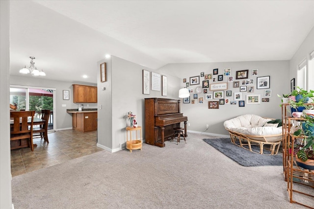 4031 S Bates Rd, Spokane Valley, WA 99206 - sitting room with carpet flooring, a chandelier, plenty of natural light, lofted ceiling, and recessed lighting