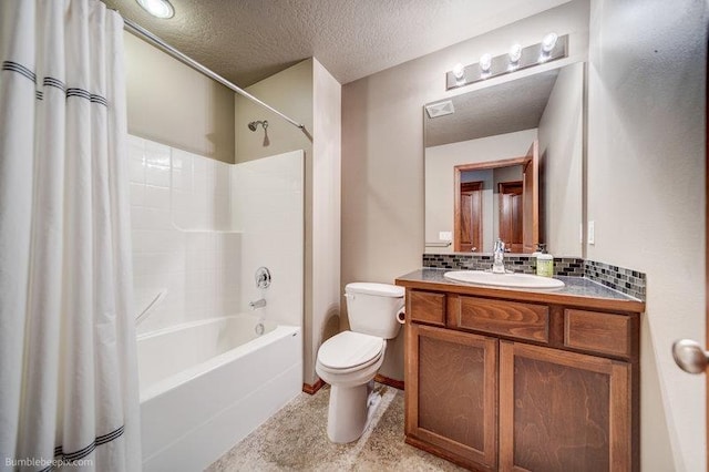 20051 E Meyers Ave, Liberty Lake, WA 99019 - bathroom featuring shower / bath combo with shower curtain, vanity, a textured ceiling, and backsplash