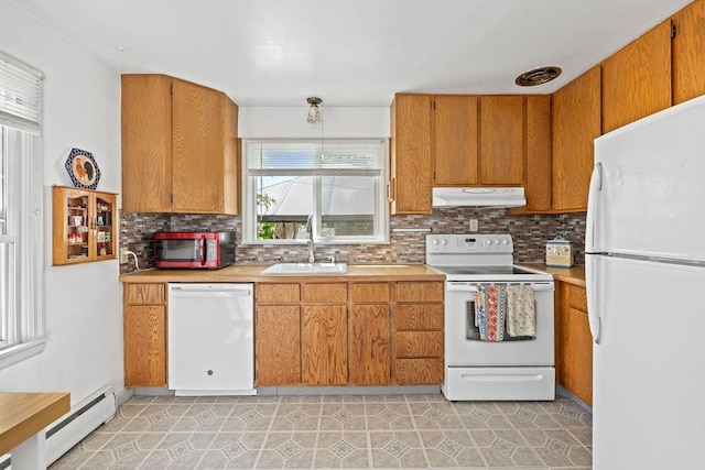 5204 N Belt St, Spokane, WA 99205 - kitchen featuring white appliances, baseboard heating, under cabinet range hood, light countertops, and decorative backsplash