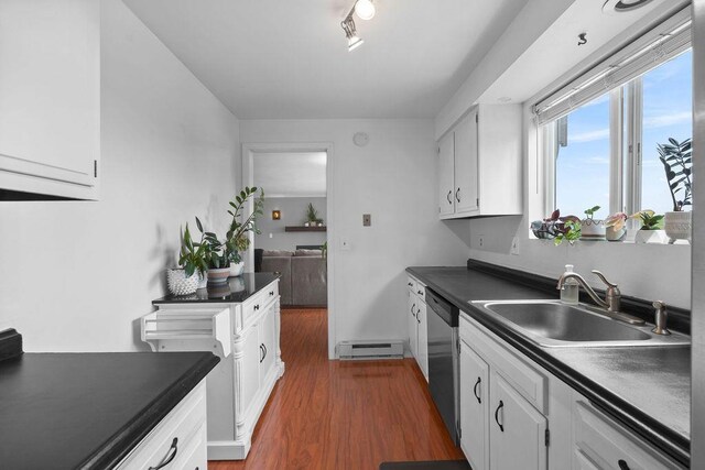 844 W Cliff Dr Unit 206, Spokane, WA 99204 - kitchen with dark countertops, stainless steel dishwasher, white cabinets, dark wood-style flooring, and baseboard heating