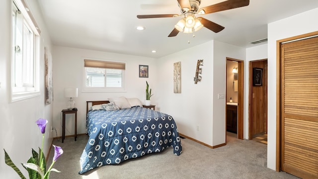 3908 E 26th Ave, Spokane, WA 99223 - bedroom featuring carpet floors, a closet, ensuite bathroom, ceiling fan, and recessed lighting