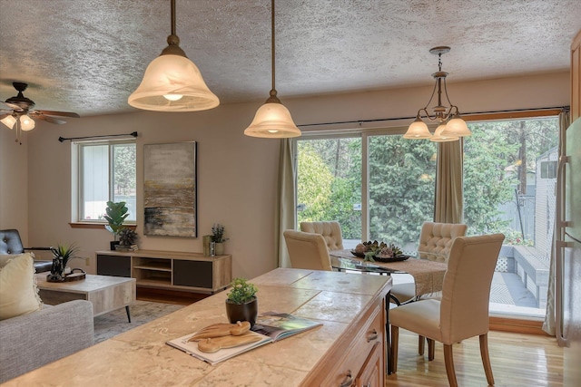 8410 N Pine Meadows Ln, Nine Mile Falls, WA 99026 - dining area with light wood-type flooring, a ceiling fan, a textured ceiling, and a chandelier
