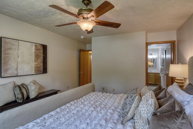 8410 N Pine Meadows Ln, Nine Mile Falls, WA 99026 - bedroom with a textured ceiling, a ceiling fan, and connected bathroom