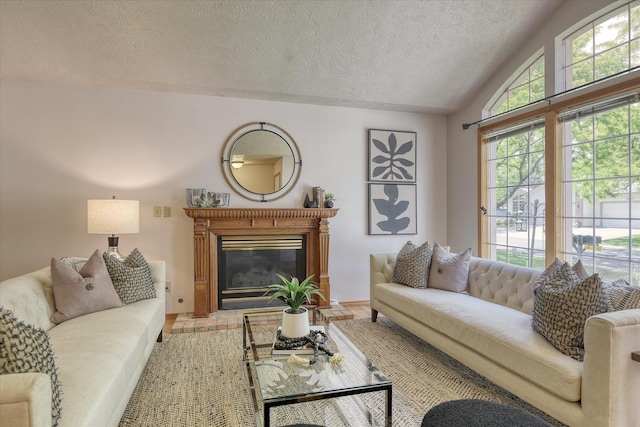 8410 N Pine Meadows Ln, Nine Mile Falls, WA 99026 - living room with a textured ceiling, vaulted ceiling, and a glass covered fireplace