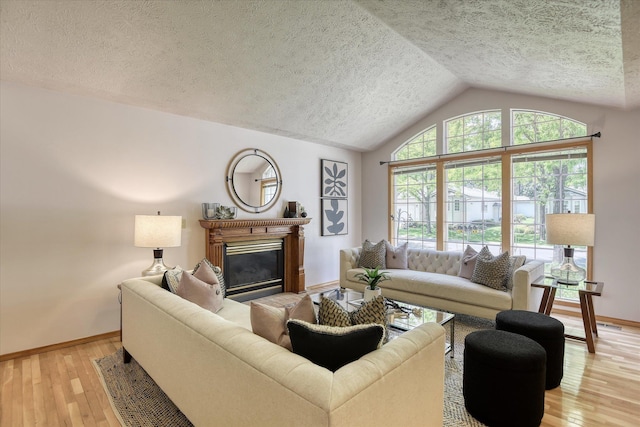 8410 N Pine Meadows Ln, Nine Mile Falls, WA 99026 - living room featuring a textured ceiling, lofted ceiling, a glass covered fireplace, and light wood finished floors